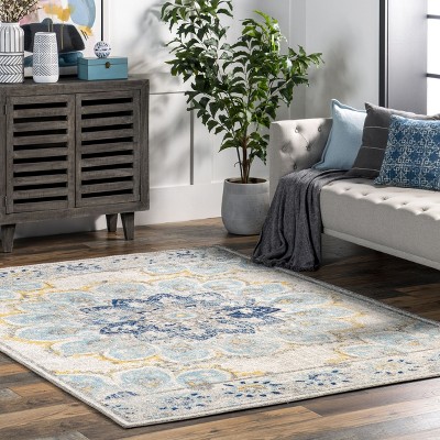 Blue Floral Synthetic 4' x 6' Rectangular Area Rug