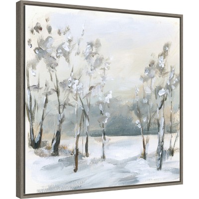 Snowy Winter Trees Framed Canvas Wall Art in Graywash Frame