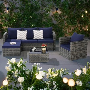 4-Pieces Outdoor Patio L-Shaped Sectional Sofa Set with Single Sofa & Glass Coffee Table - 1 of 4
