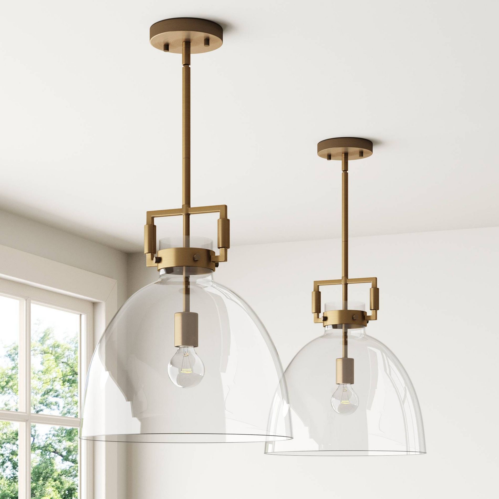 Nathan James (Set of 2) Leigh Glass Dome Shade Pendant Ceiling Lights Gold