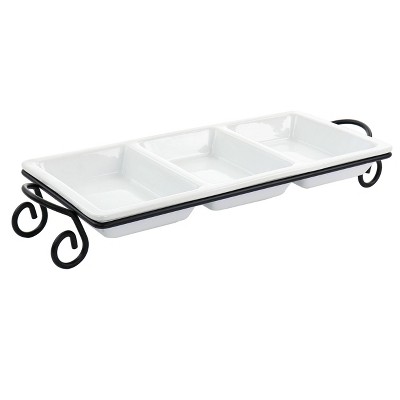 3 Section Divided Porcelain Serving Tray with Metal Rack - Elama
