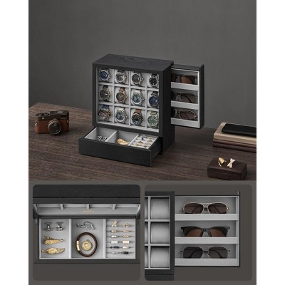 Ebony Black Solid Wood 12-Slot Men's Watch Display Case