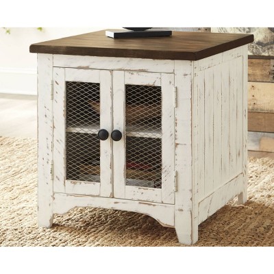 Rustic White and Brown Wood End Table with Storage