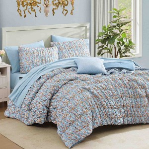 BAGOKIE 7pc Wildflower Puff Bed in a Bag King Size Comforter Set for All Season, Marigold - 1 of 4