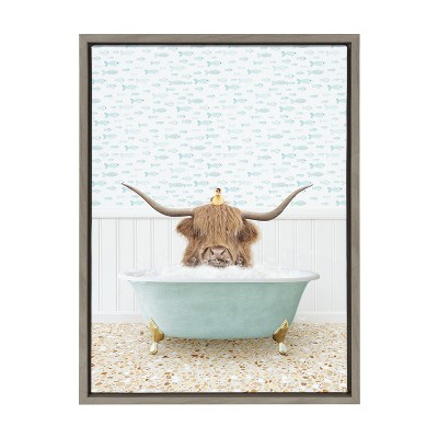 Highland Cow and Duckling in Fish Bath Framed Canvas Art