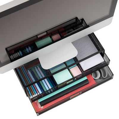 Black Metal Mesh Monitor Stand with Storage Drawers