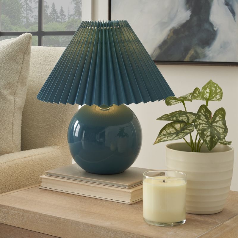Nourison 13" Ceramic Round Accent Lamp with Pleated Shade, 4 of 9