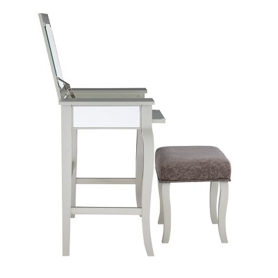 Harper Glam Silver Vanity Set with Flip-up Mirror and Gray Velvet Stool