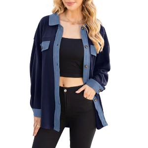 Women's Polar Fleece Shirt Jacket, Button - Down Long - Sleeve Coat with Chest Pockets, Casual Fall & Winter Outerwear - 1 of 4