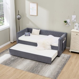 Twin Size Upholstered Daybed with Pull-out Roller for Bedroom or Guest Room - 1 of 4