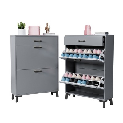 Farmhouse Shoe Storage Cabinet with 2 Flip Drawers, Free Standing Shoe Organizer, Hidden Shoe Rack Storage Organizer for Doorway Hallway Closet