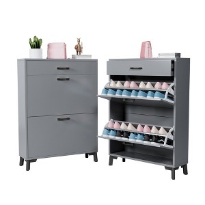 Farmhouse Shoe Storage Cabinet with 2 Flip Drawers, Free Standing Shoe Organizer, Hidden Shoe Rack Storage Organizer for Doorway Hallway Closet - 1 of 4