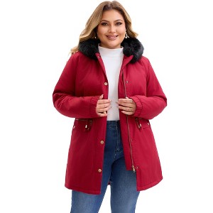 Agnes Orinda Women's Plus Size Windbreaker Fur Hood Drawstring Fleece Lined Buttons Zipper Winter Parka Jacket with Pockets - 1 of 4