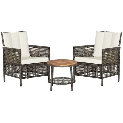 Tangkula 3PCS Patio Wicker Bistro Set Furniture Set PE Rattan Table Set w/ Off White Cushions