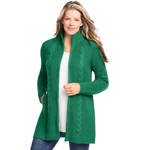 Woman Within Women s Plus Size Cabled Zip Front Cardigan 5X Emerald