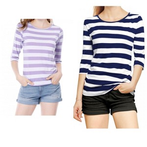 Allegra K Women's Elbow Sleeves Round Neck Slim Fit T-Shirt 2 Packs - 1 of 4