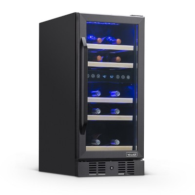NewAir 15” Built-in 29 Bottle Dual Zone Compressor Wine Fridge in Black Stainless Steel, Quiet Operation with Beech Wood Shelves