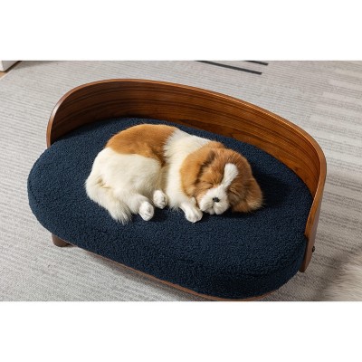 Gulches Scandinavian Style Small and Medium-sized Dogs Pet Sofa with Solid Wood Legs, Curved Walnut Wood Back, Velvet Cushion in Dark Blue