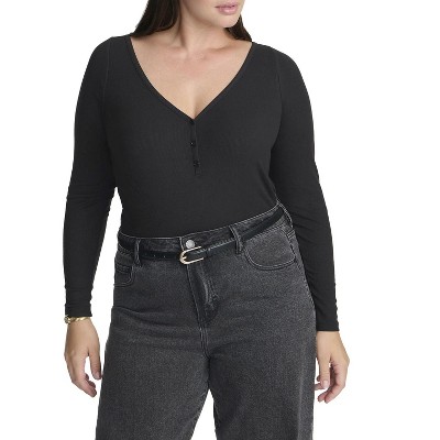 ELOQUII Elements Women's Plus Size Soft Brushed Henley Long Sleeve