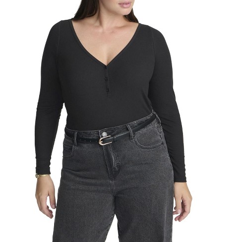 ELOQUII Elements Women's Plus Size Soft Brushed Henley Long Sleeve - image 1 of 2