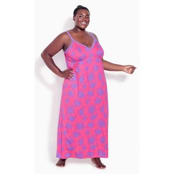 Women's Plus Size Lace Trim Print Maxi Sleep Dress - fuchsia floral | AVENUE