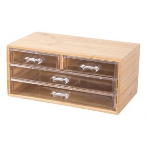 Bamboo Jewelry Organizer with 4 Clear Acrylic Drawers, Compact Multi Purpose Storage Box for Makeup, Office Supplies & Vanity Use, Smooth Glide Drawer - 1 of 1