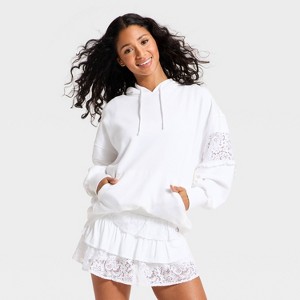 Women's Lace Trim French Terry Hooded Sweatshirt - JoyLab™ White M