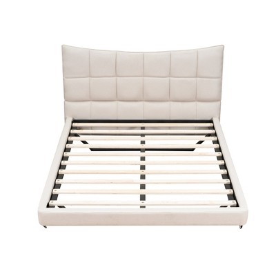 TiramisuBest Full Size Upholstered Platform Bed with LED Lights - Beige Wood+Metal Design