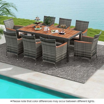 Mix Gray 9-Piece Outdoor Wicker Dining Set with Acacia Wood Table and Beige Cushions