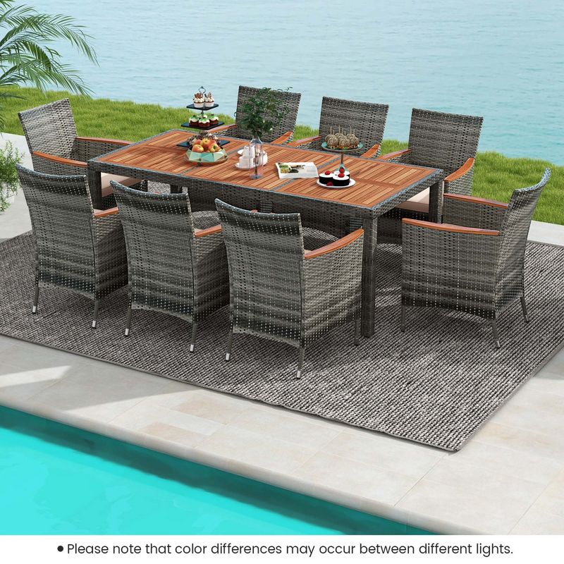 Costway 9 Pieces Outdoor Wicker Dining Set with Acacia Wood Table and 8 Armchairs, 4 of 11