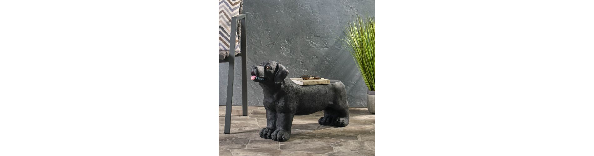 Lyngins Adorable Labrador Design Outdoor Bench – Lightweight Concrete, No Assembly, Dog Garden Bench/Patio Bench for Backyard/Patio/Porch, Black