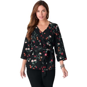 Roaman's Faux Wrap Tie Bi-Stretch Blouse - 1 of 3