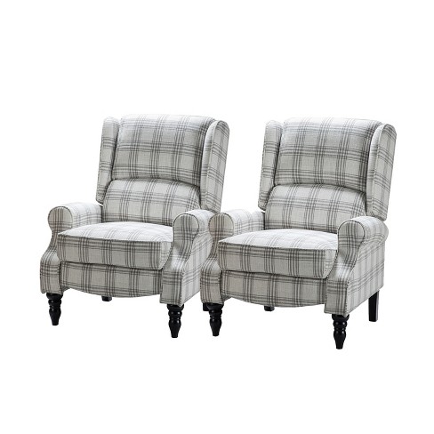 Set of 2 Asikli Manual Modern Wingback Recliner with Rubber Wood Legs Karat Home Plaid Grey