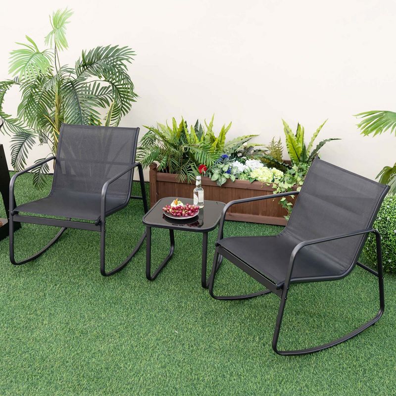 Costway 3 Piece Patio Rocking Set 2 Rocking Bistro Chairs & Glass-Top Table for Porch, 4 of 11