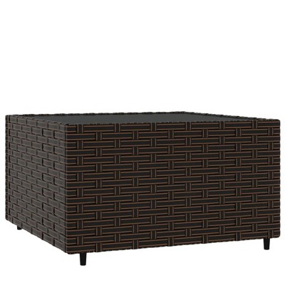 Brown Poly Rattan Square Patio Coffee Table with Tempered Glass Top