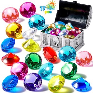 Joyfy 17 Pcs Diving Pool Toys, 16 Big Colorful Diamond Gems with Pirate Treasure Chest, Swimming Dive Toy for Kids Underwater Adventure Pool Games - 1 of 4