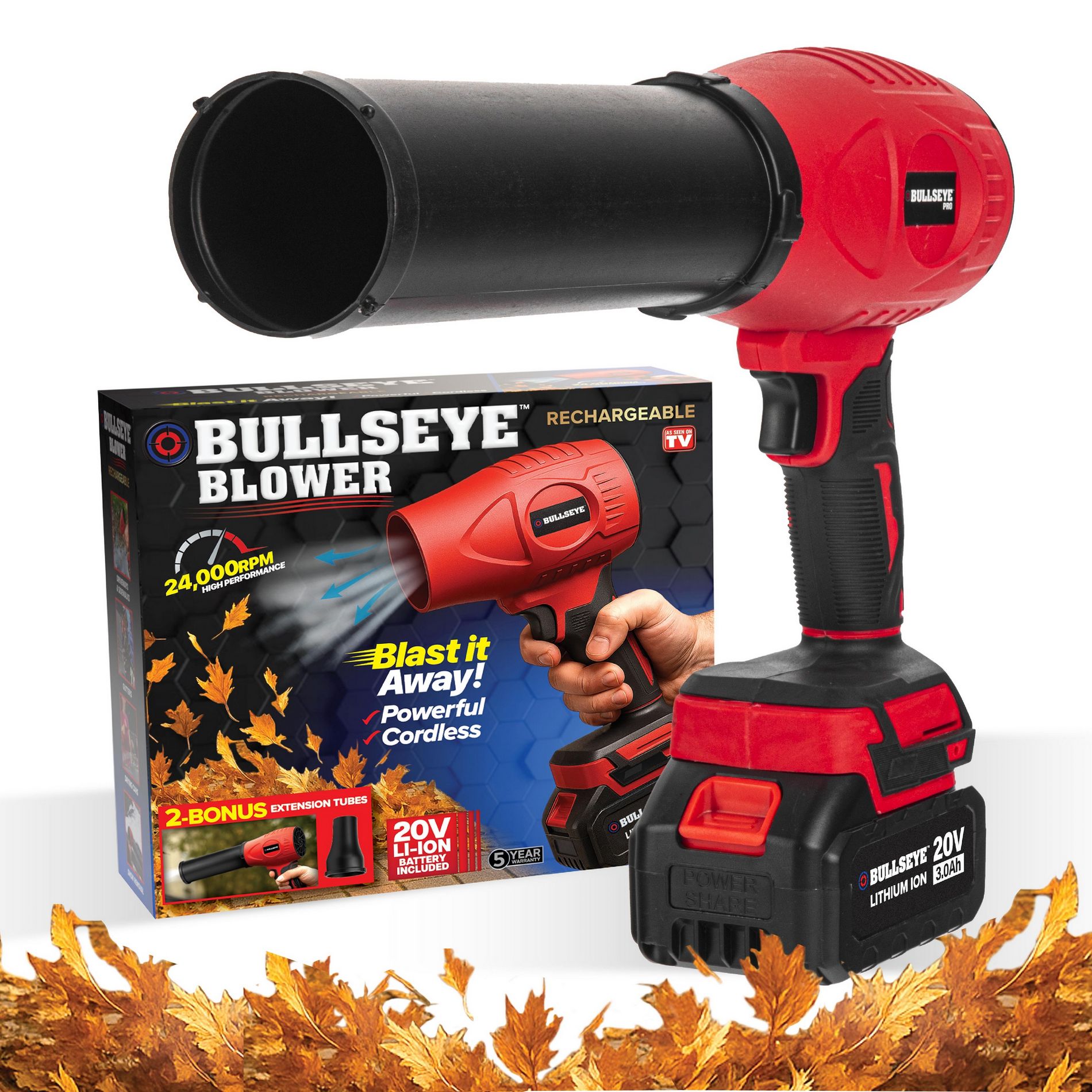 Bullseye Blower 20V Rechargeable Cordless Leaf and Dust Air Blaster 24,000 RPM High-Speed Handheld Electric Blower with Battery and Charger