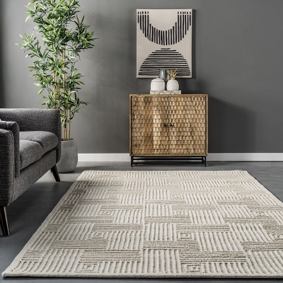Ivory Geometric Hand-Hooked Wool 4' x 6' Area Rug