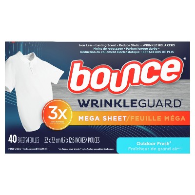 Bounce WrinkleGuard Mega Dryer Sheets, 40 Count, Wrinkle Release Fabric Softener Sheets with Outdoor Fresh Scent
