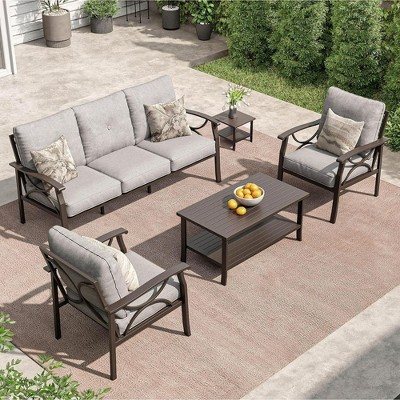 Heynemo Outdoor Patio Furniture Set, 4 Piece Patio Conversation Set with Coffee Table, Metal Furniture Set for Porch Backyard Garden, Grey