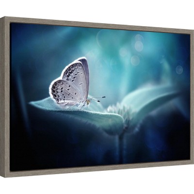 Butterfly and Blue Flower Canvas Print with Greywash Frame