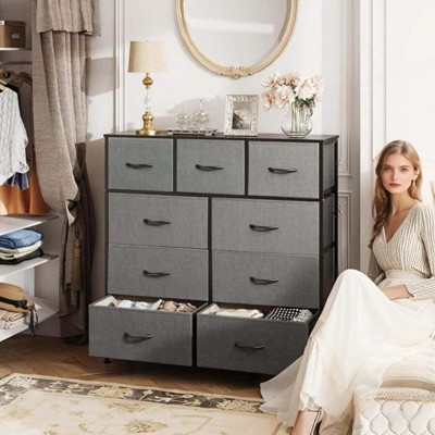 SKRAN Grid Cabinet Fabric Storage Tower with 9 Drawers For Bedroom,Tall Chest Organizer Unit With Fabric Bins, Steel Frame, Wood Top