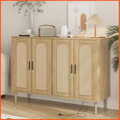 Homhougo Rattan Sideboard Buffet Cabinet, 4 Doors Accent Storage Cabinet, Console Table Coffee Bar with Power Outlet Ivory