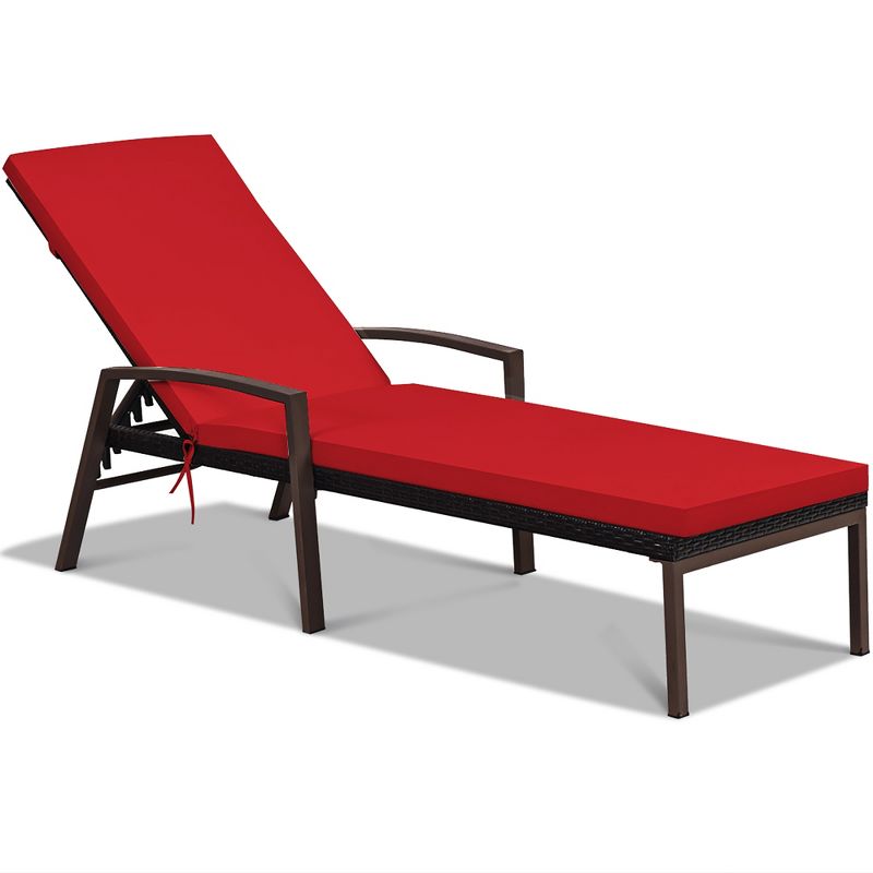 Costway Patio Rattan Lounge Chair Chaise Recliner Back Adjustable Cushioned Outdoor Red, 2 of 9