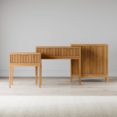Natural Brown Wood Fluted Drawer Side Table with Brass Handle