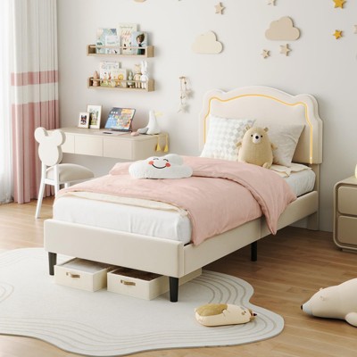 Homhougo Twin Size Platform Bed Frame, Velvet Upholstered Bed Frame with Bear-Shaped Headboard Beige