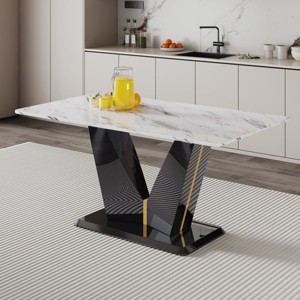 Modern Imitation Marble Pattern Dining Table,Dining Table With Tempered Glass Tabletop And MDF Legs,Rectangular Kitchen Table-Cuddlewood - 1 of 4