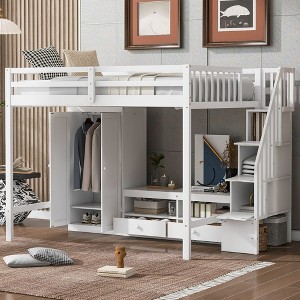 Full Size Loft Bed Frame with Wardrobe, Low Storage Table and Storage Staircase - ModernLuxe - 1 of 4