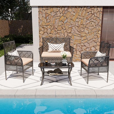 Outdoor 4 Pcs Patio Furniture Set, PE Rattan Conversation Set with Tempered Glass Table, Sofa with Iron Frame and PE Cushions-Coolbibila