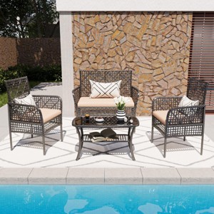 Outdoor 4 Pcs Patio Furniture Set, PE Rattan Conversation Set with Tempered Glass Table, Sofa with Iron Frame and PE Cushions-Coolbibila - 1 of 4